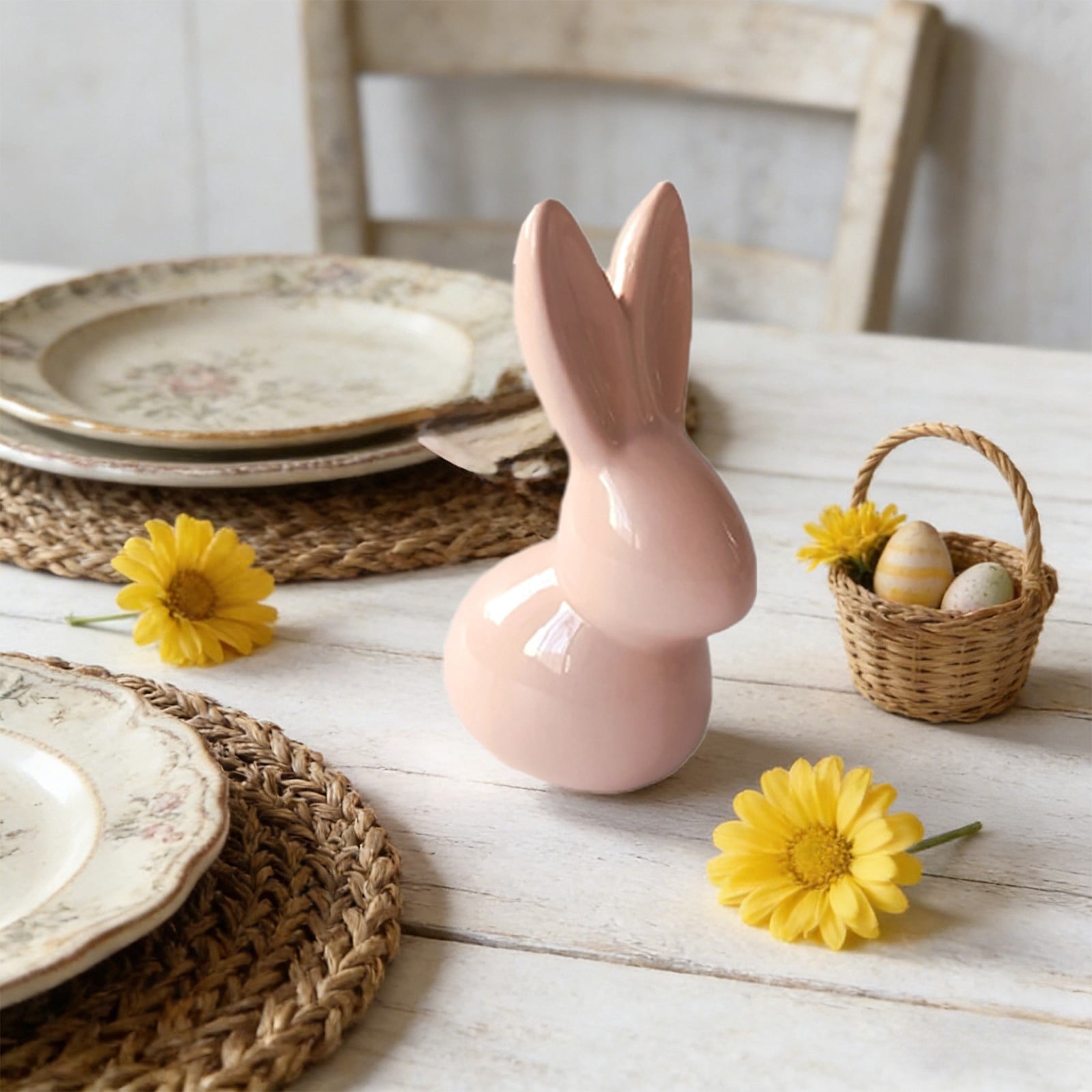 Easter Decorations Ceramic Bunny Figurine, White and Pink Rabbit Statue for Home Accents, Spring Table Centerpiece or Shelf Decor