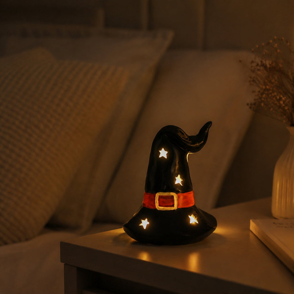 Halloween Ceramic Pumpkin Night Light 4.9 in Witch Hat Light Up Figurine, Hollow LED Tabletop Decor for Mantel Shelf Desk