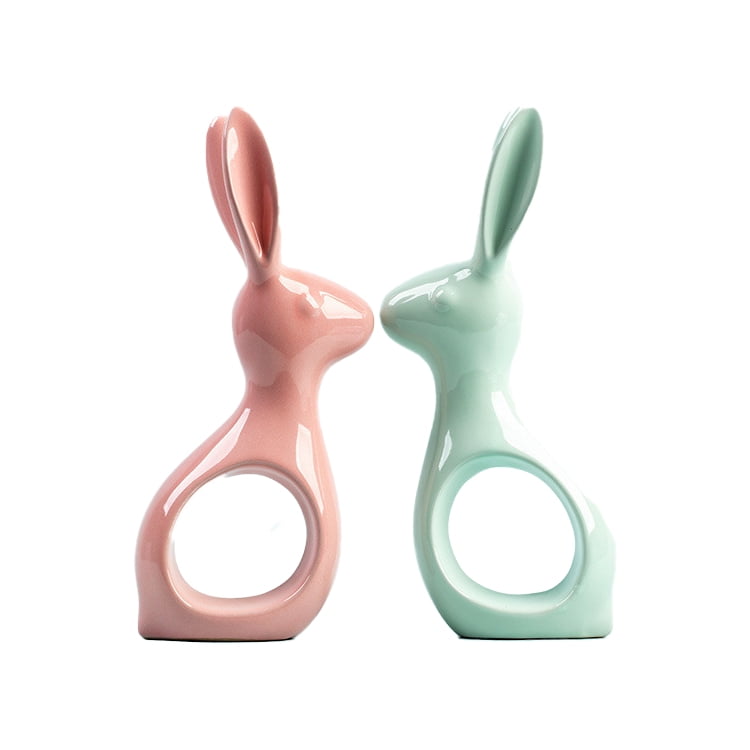 2Pcs Ceramic Bunnies Easter Bunny Figurine Ornaments Ceramic Rabbit Egg Crafts for Home Decor and Seasonal Decoration