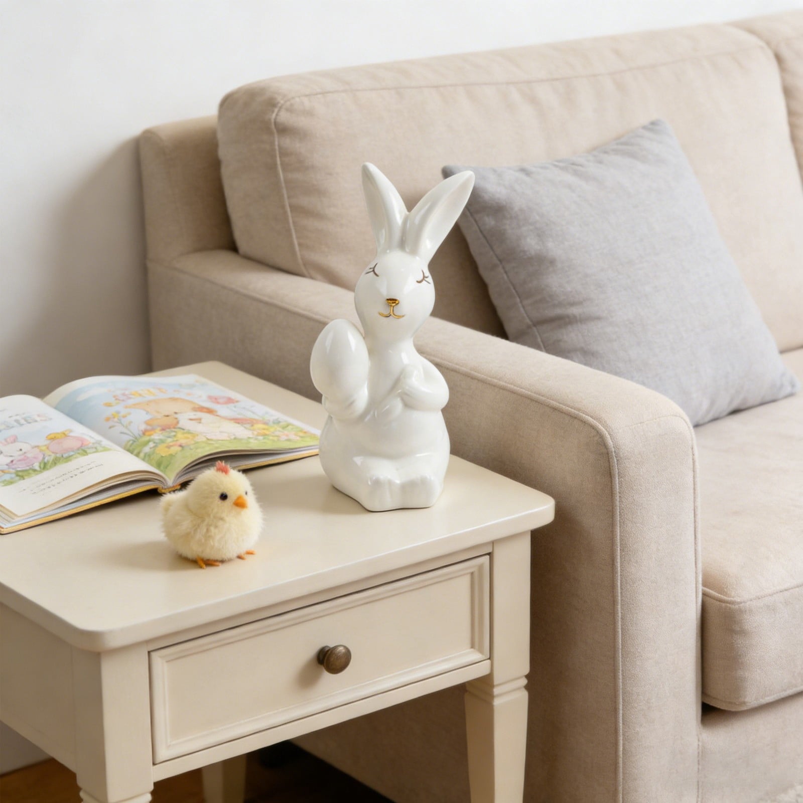 Ceramic Easter Bunny Figurine with Egg, White Spring Home Decor for Tabletop, Cute Rabbit Ornament for Holiday Shelf Decorations