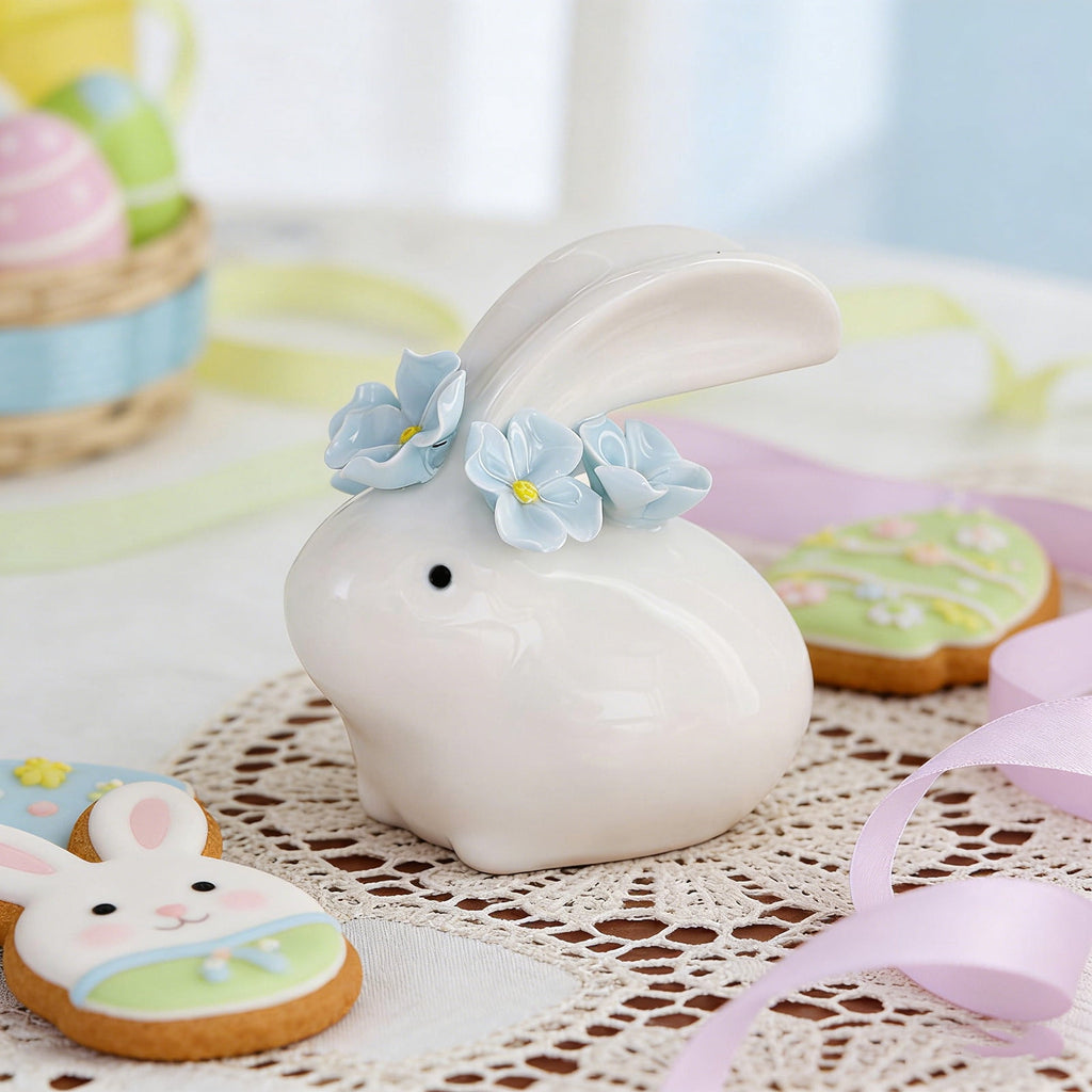 Easter Decorations Ceramic Bunny Figurine, White Rabbit Ornament for Spring Home Accent, Cute Shelf Decor for Living Room Tabletop Centerpiece