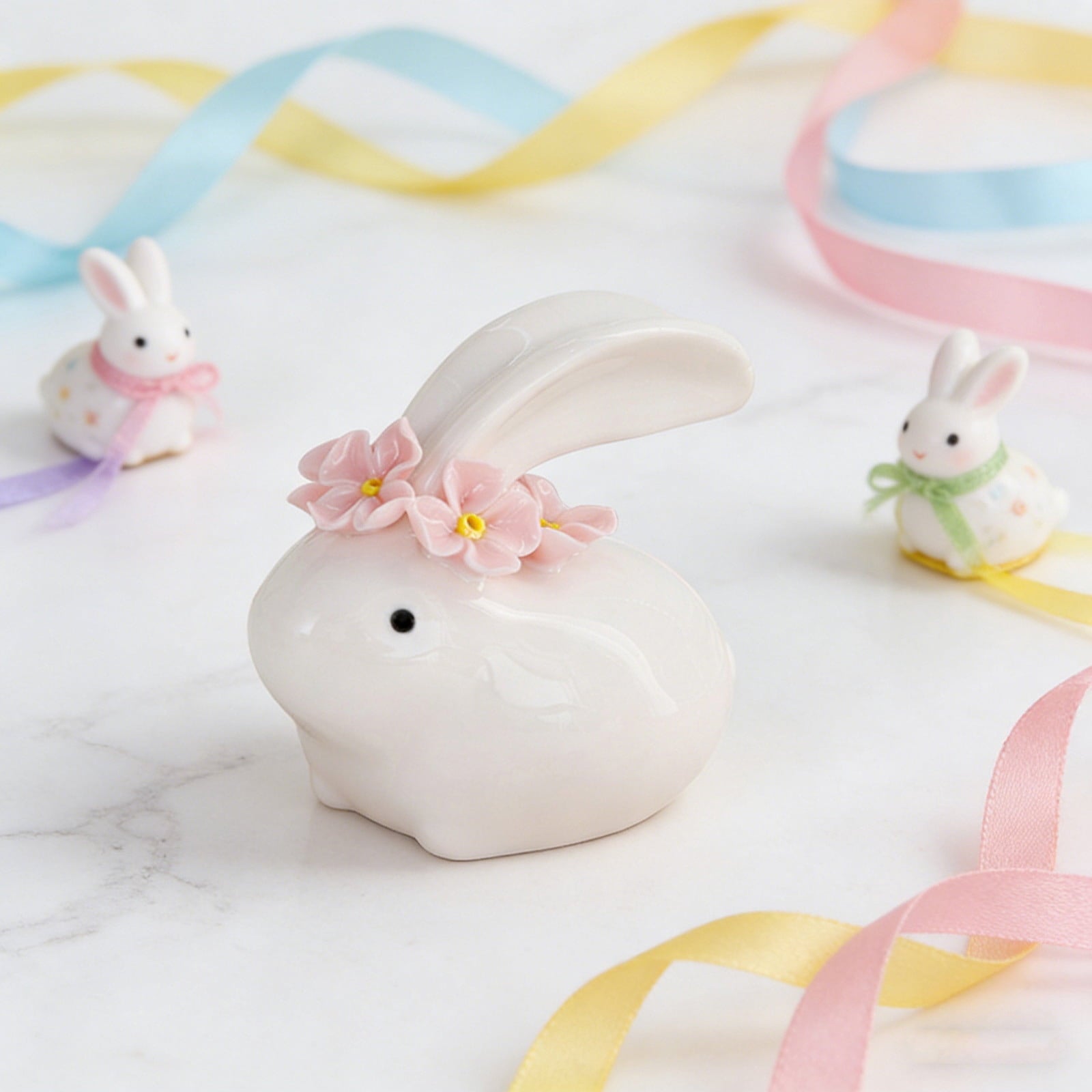 Easter Decorations Ceramic Bunny Figurine, White Rabbit Ornament for Spring Home Accent, Cute Shelf Decor for Living Room Tabletop Centerpiece