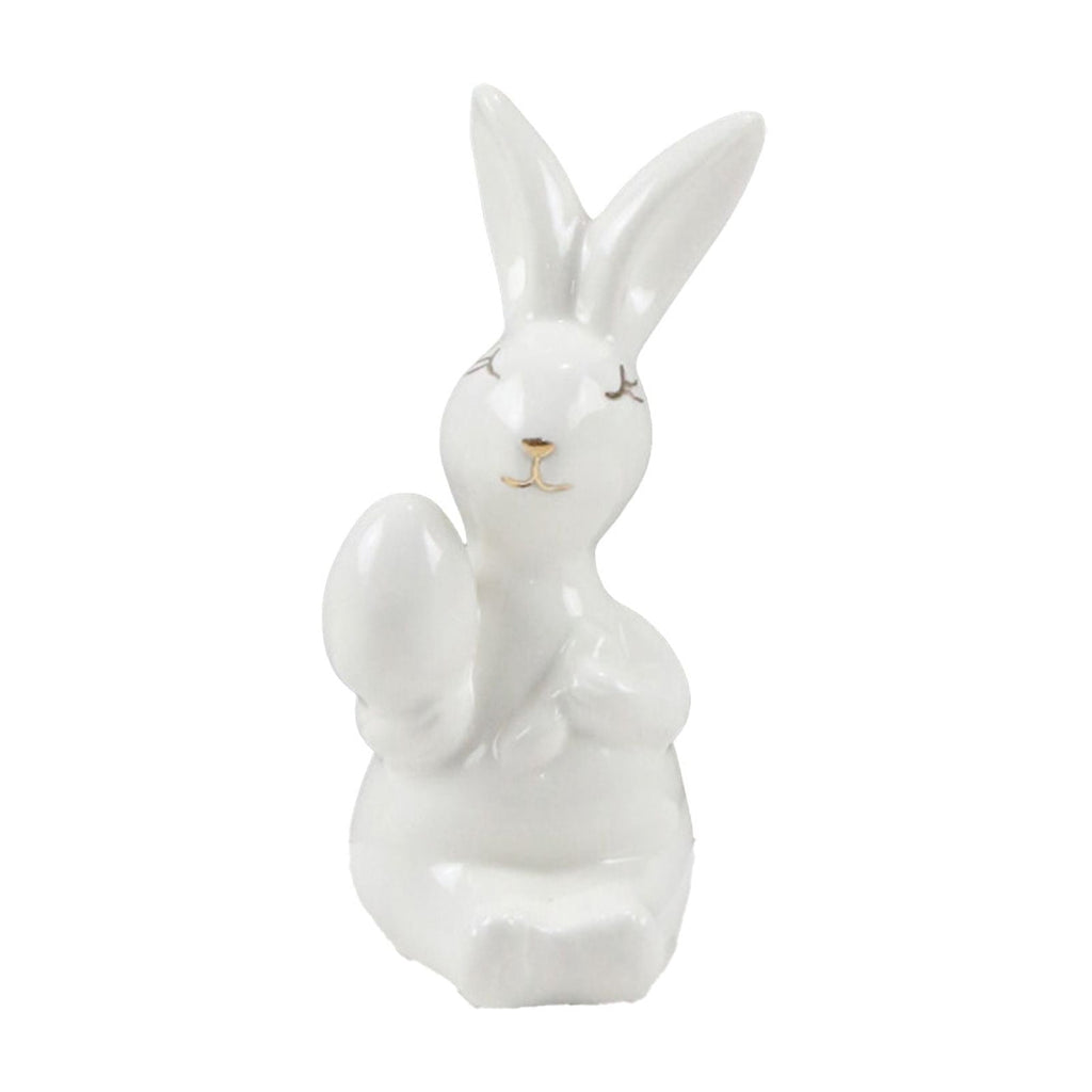Ceramic Easter Bunny Figurine with Egg, White Spring Home Decor for Tabletop, Cute Rabbit Ornament for Holiday Shelf Decorations