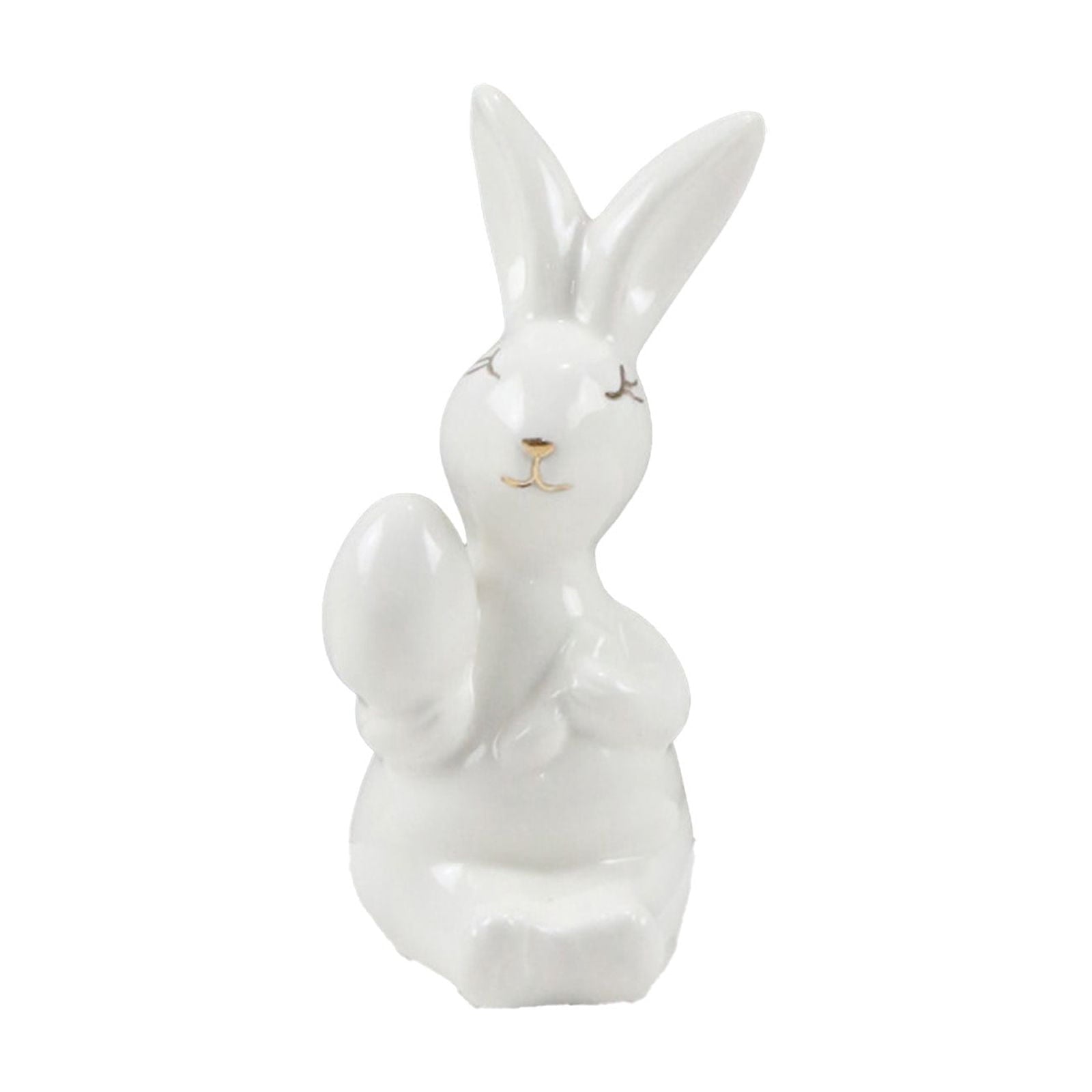 Ceramic Easter Bunny Figurine with Egg, White Spring Home Decor for Tabletop, Cute Rabbit Ornament for Holiday Shelf Decorations