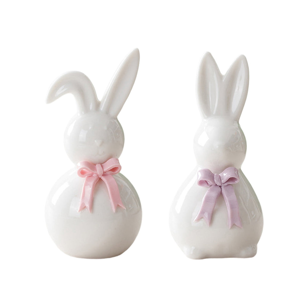 Ceramic Rabbit Figurines Set of 2, Easter Bunny Decor with Bow for Home Accent, Purple & Pink Spring Table Decorations