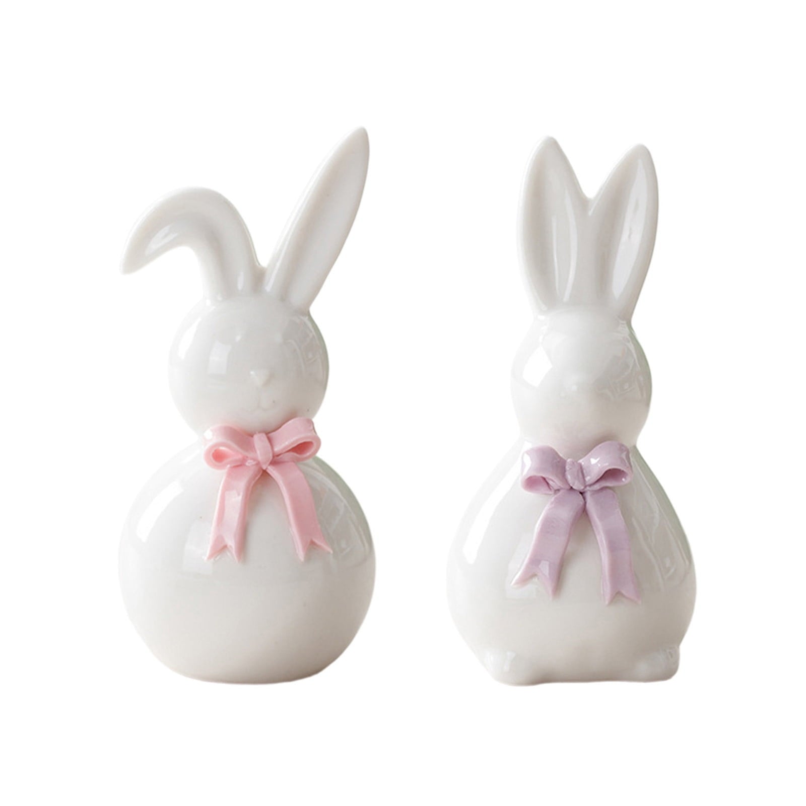 Ceramic Rabbit Figurines Set of 2, Easter Bunny Decor with Bow for Home Accent, Purple & Pink Spring Table Decorations