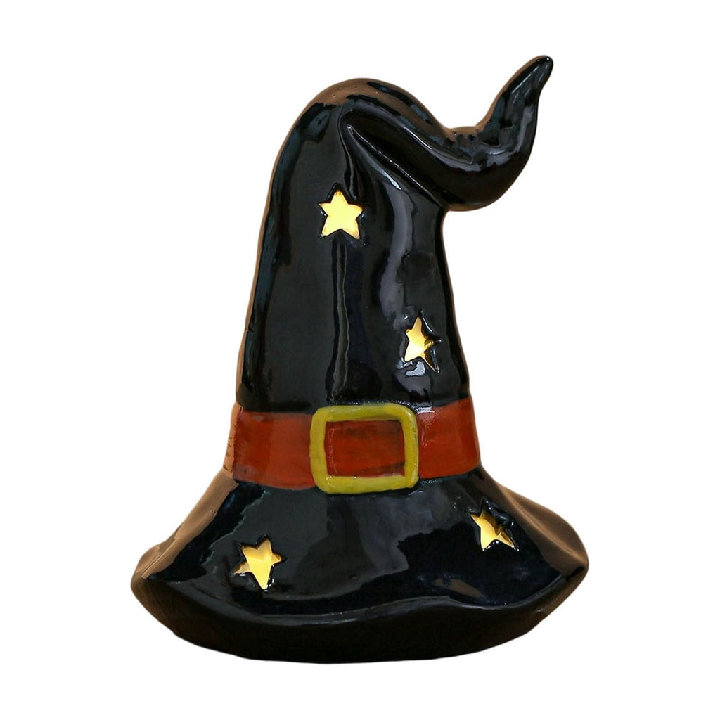 Halloween Ceramic Pumpkin Night Light 4.9 in Witch Hat Light Up Figurine, Hollow LED Tabletop Decor for Mantel Shelf Desk
