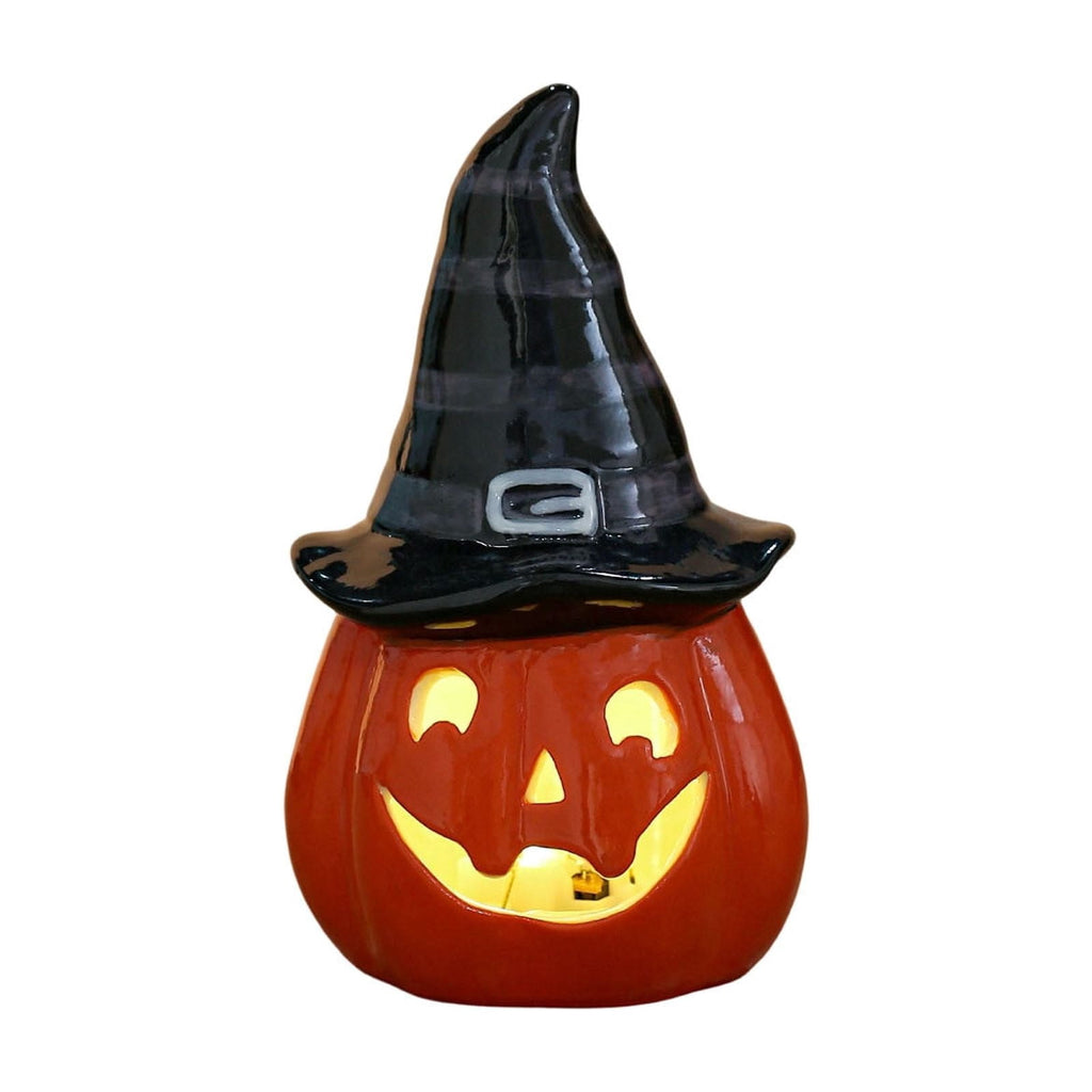 Halloween Ceramic Pumpkin Night Light 4.9 in Witch Hat Light Up Figurine, Hollow LED Tabletop Decor for Mantel Shelf Desk