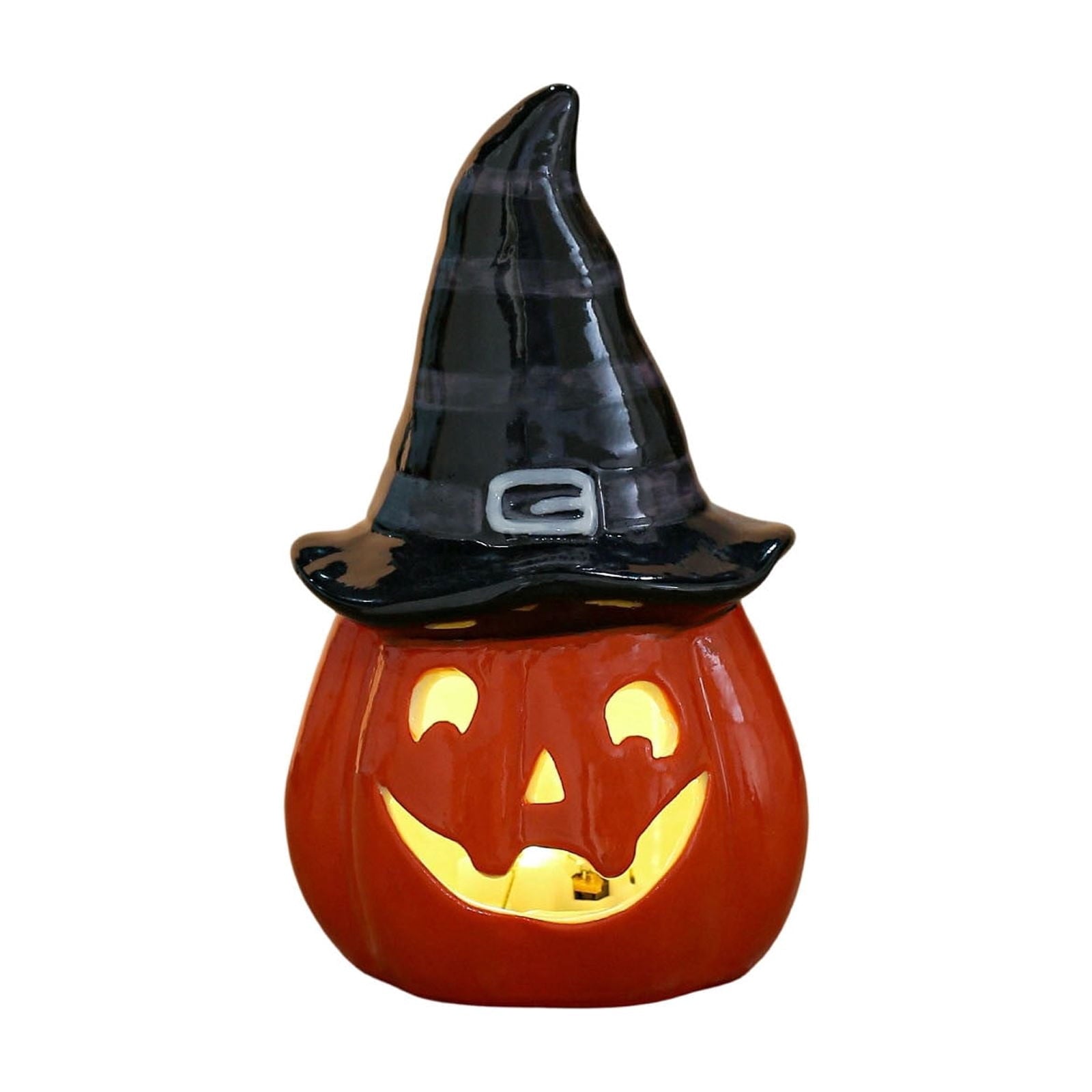 Halloween Ceramic Pumpkin Night Light 4.9 in Witch Hat Light Up Figurine, Hollow LED Tabletop Decor for Mantel Shelf Desk
