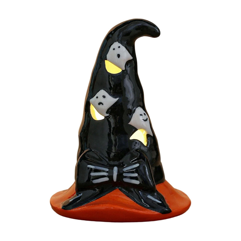 Halloween Ceramic Pumpkin Night Light 4.9 in Witch Hat Light Up Figurine, Hollow LED Tabletop Decor for Mantel Shelf Desk