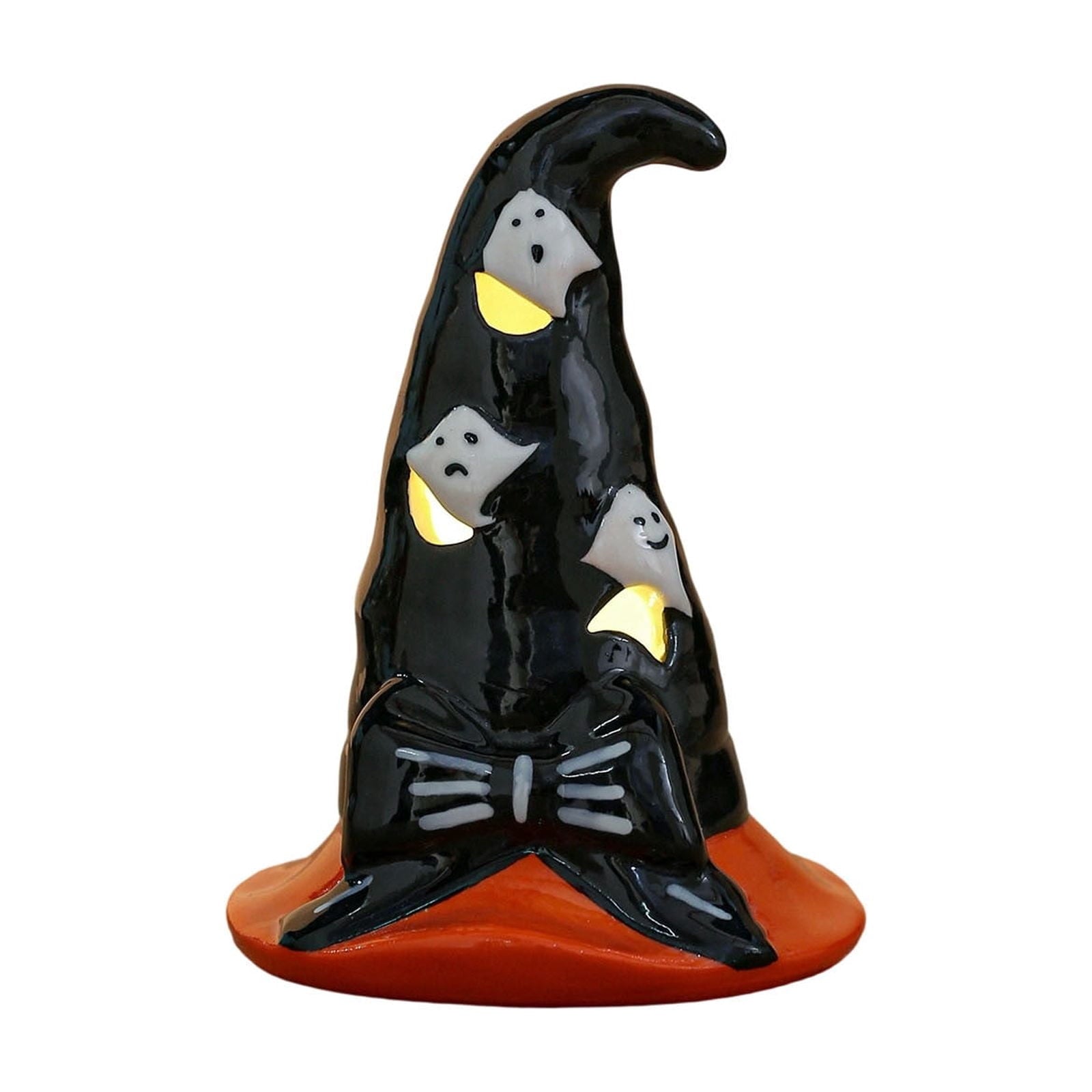 Halloween Ceramic Pumpkin Night Light 4.9 in Witch Hat Light Up Figurine, Hollow LED Tabletop Decor for Mantel Shelf Desk
