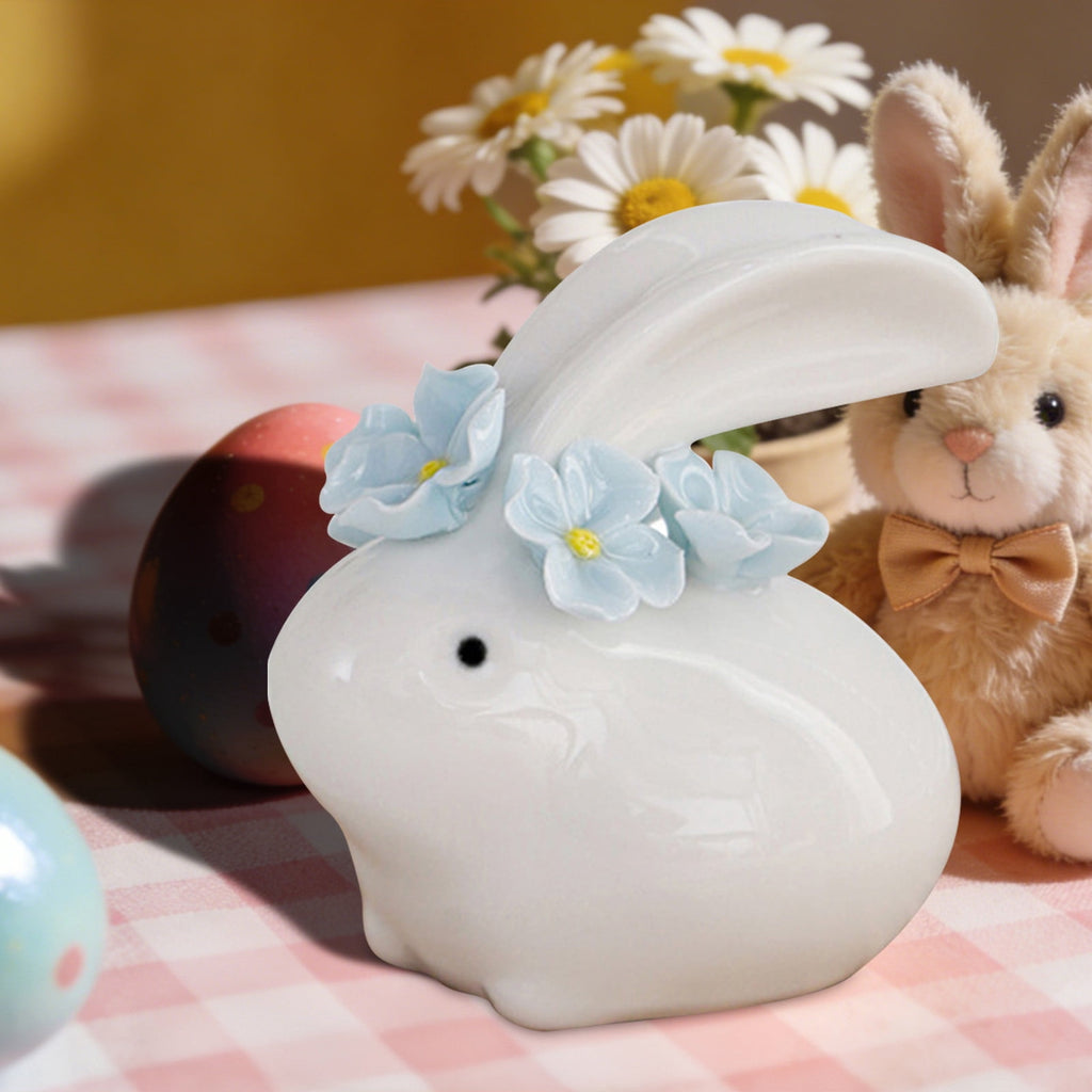 Easter Decorations Ceramic Bunny Figurine, White Rabbit Ornament for Spring Home Accent, Cute Shelf Decor for Living Room Tabletop Centerpiece