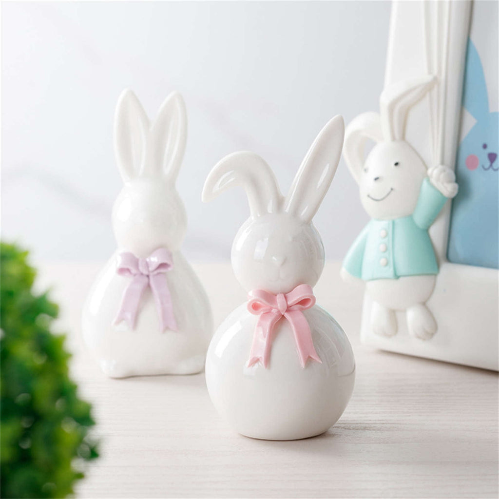 Ceramic Rabbit Figurines Set of 2, Easter Bunny Decor with Bow for Home Accent, Purple & Pink Spring Table Decorations