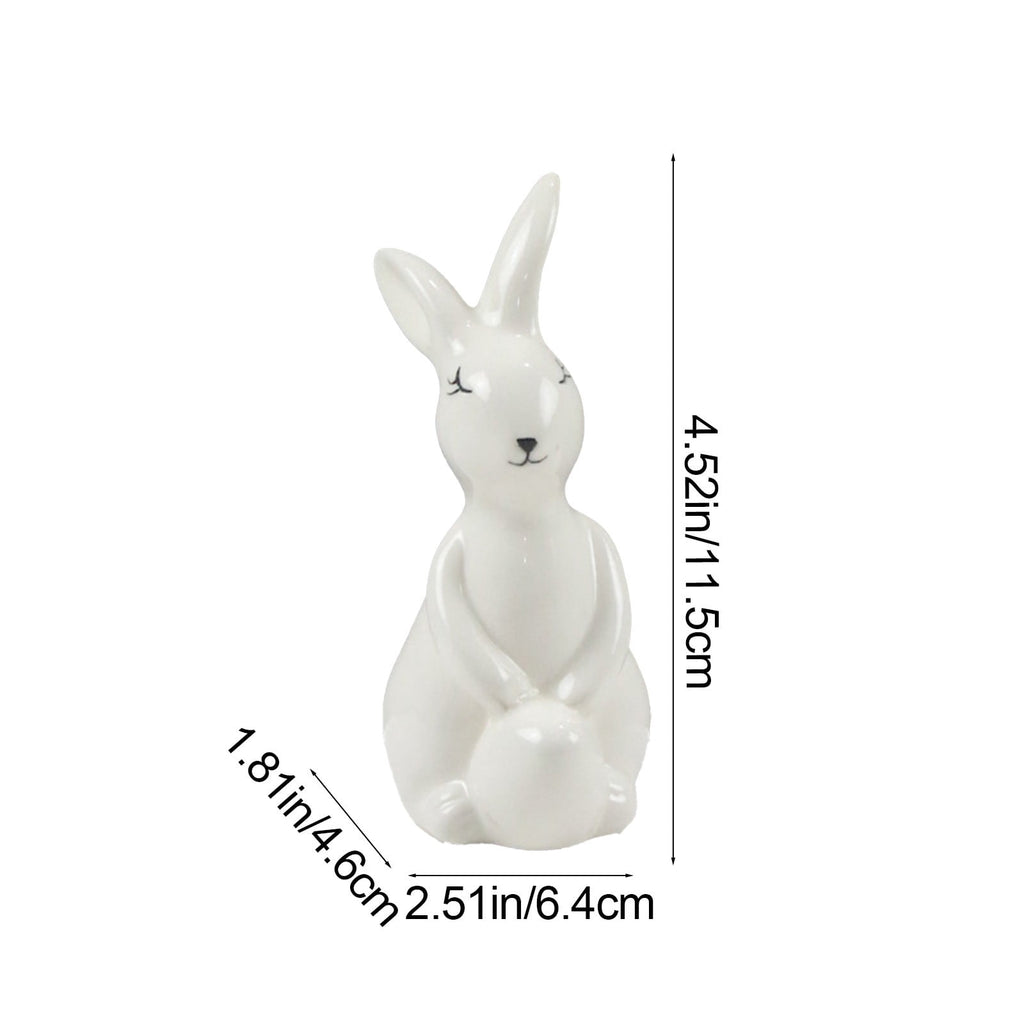 Ceramic Easter Bunny Figurine with Egg, White Spring Home Decor for Tabletop, Cute Rabbit Ornament for Holiday Shelf Decorations