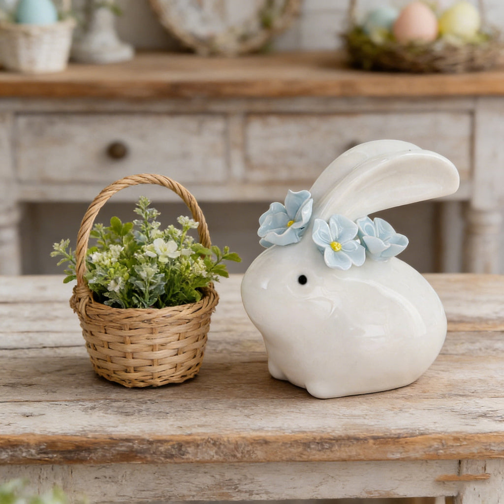 Easter Decorations Ceramic Bunny Figurine, White Rabbit Ornament for Spring Home Accent, Cute Shelf Decor for Living Room Tabletop Centerpiece