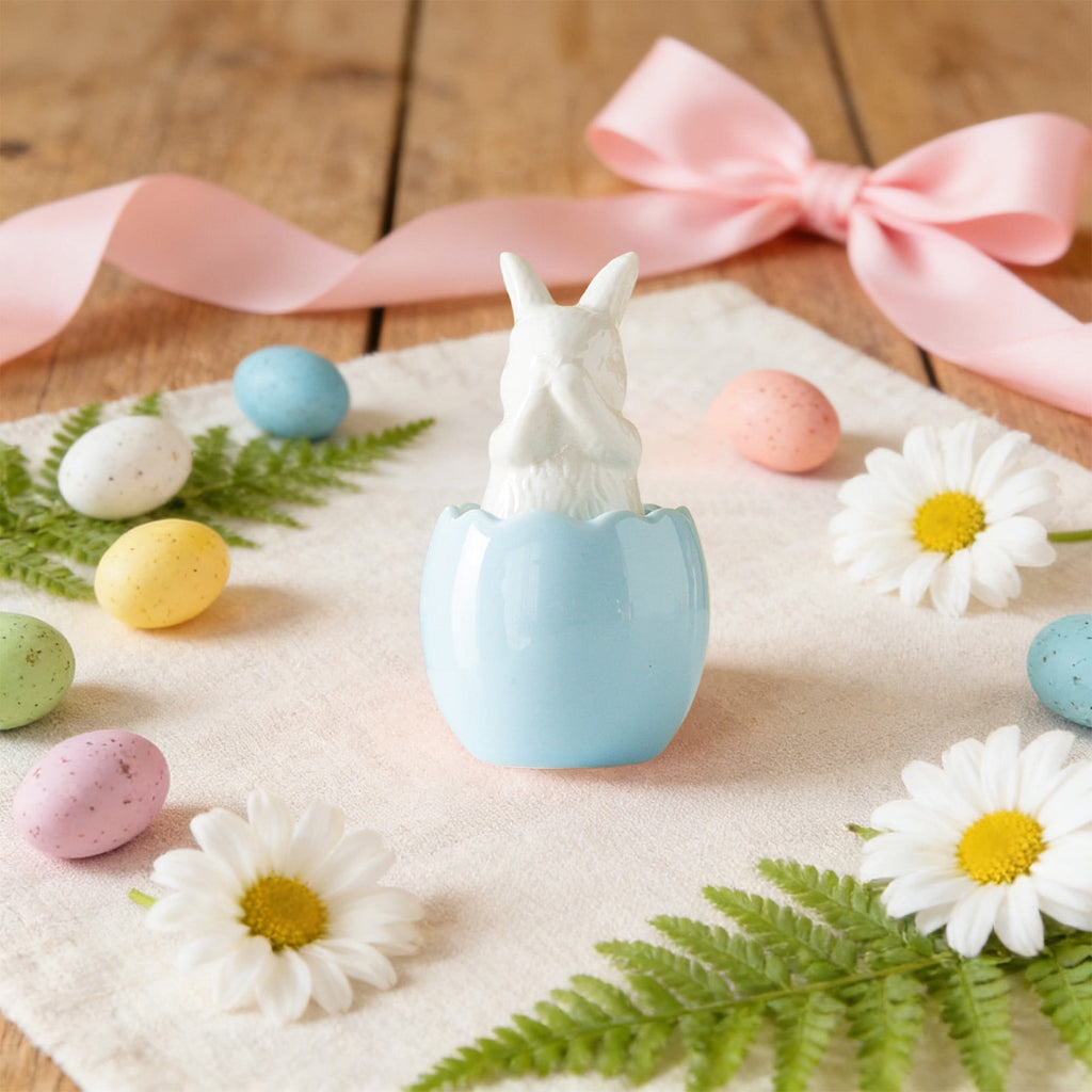 Blue Ceramic Bunny Figurine, Easter Decorations for Home, Spring Rabbit Statue for Table Mantel Shelf, Cute Pastel Easter Gift