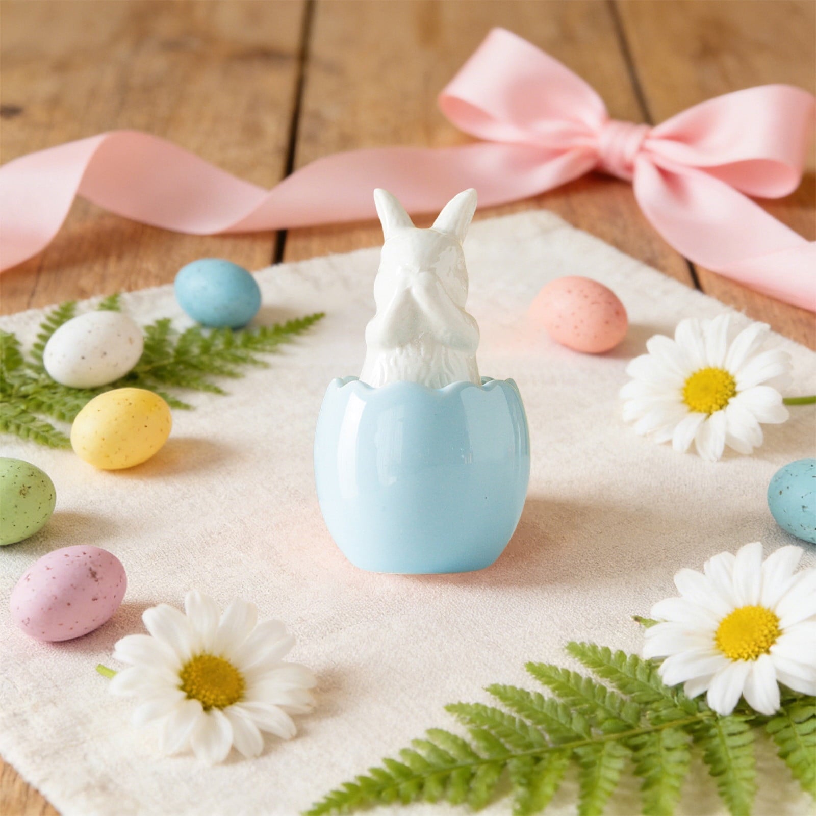 Blue Ceramic Bunny Figurine, Easter Decorations for Home, Spring Rabbit Statue for Table Mantel Shelf, Cute Pastel Easter Gift