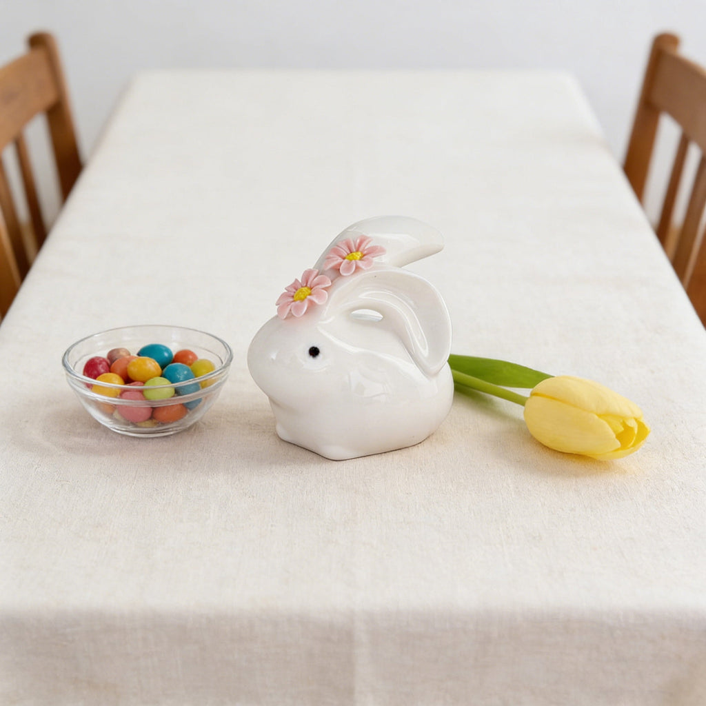 Easter Decorations Ceramic Bunny Figurine, White Rabbit Ornament for Spring Home Accent, Cute Shelf Decor for Living Room Tabletop Centerpiece