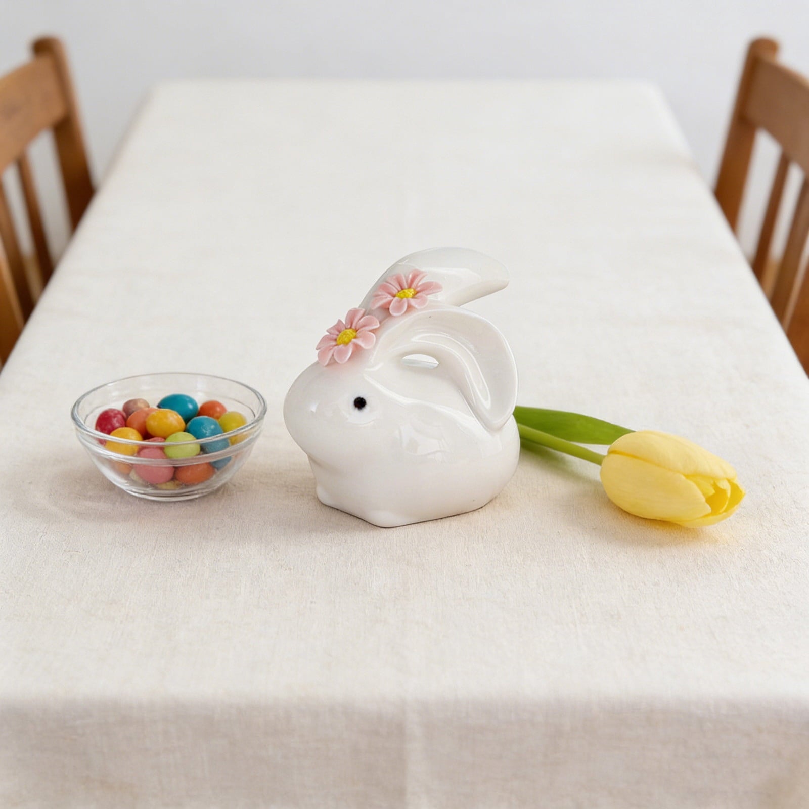 Easter Decorations Ceramic Bunny Figurine, White Rabbit Ornament for Spring Home Accent, Cute Shelf Decor for Living Room Tabletop Centerpiece