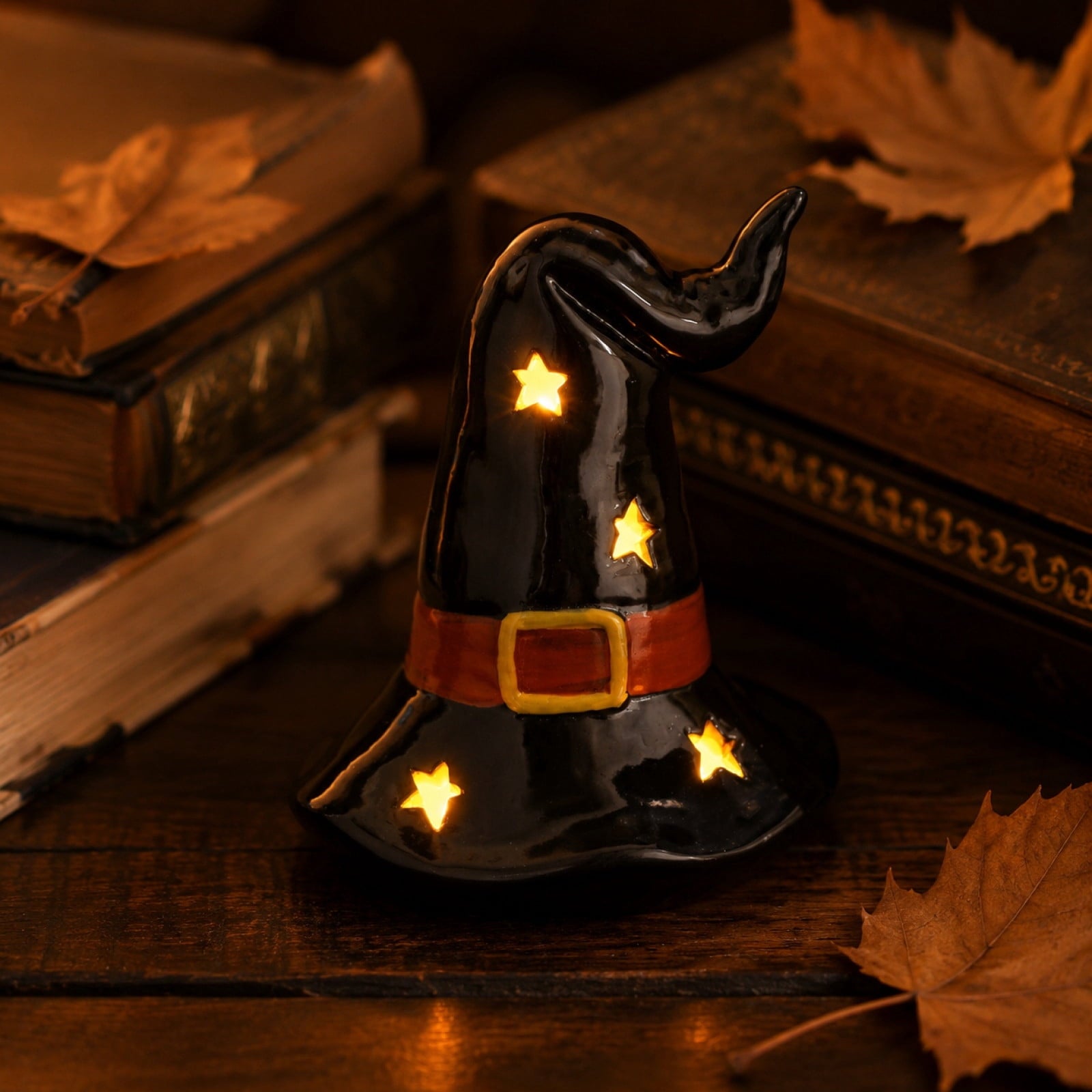Halloween Ceramic Pumpkin Night Light 4.9 in Witch Hat Light Up Figurine, Hollow LED Tabletop Decor for Mantel Shelf Desk