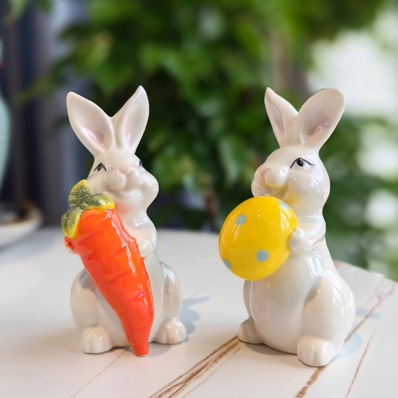 2Pcs Bunny Figurine, Easter Rabbits Decoration Cute Bunny Egg Ornaments, Collectible Sculpture Craft for Home Office Easter Day Decor