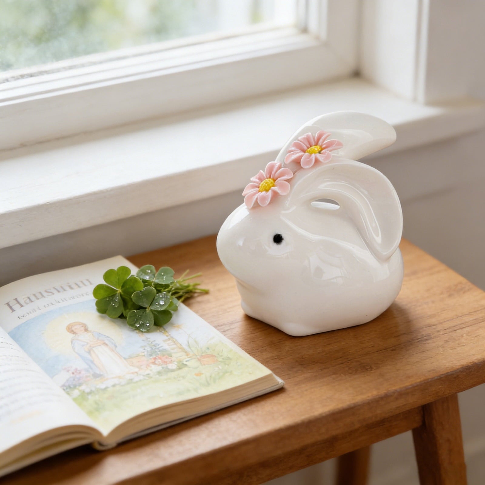 Easter Decorations Ceramic Bunny Figurine, White Rabbit Ornament for Spring Home Accent, Cute Shelf Decor for Living Room Tabletop Centerpiece