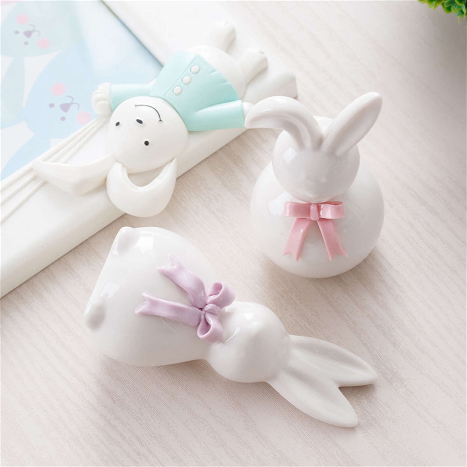 Ceramic Rabbit Figurines Set of 2, Easter Bunny Decor with Bow for Home Accent, Purple & Pink Spring Table Decorations