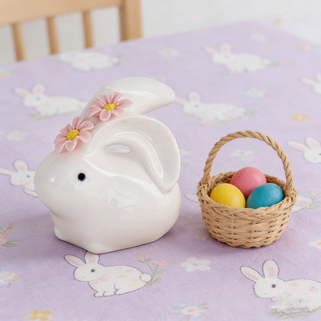 Easter Decorations Ceramic Bunny Figurine, White Rabbit Ornament for Spring Home Accent, Cute Shelf Decor for Living Room Tabletop Centerpiece