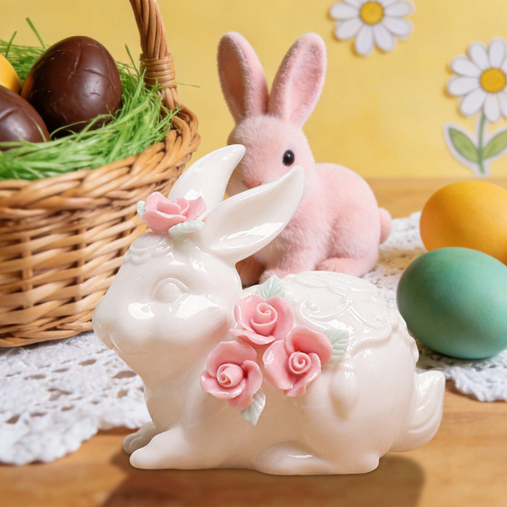 Easter Decorations Ceramic Bunny Figurine, White Rabbit Ornament for Spring Home Accent, Cute Shelf Decor for Living Room Tabletop Centerpiece