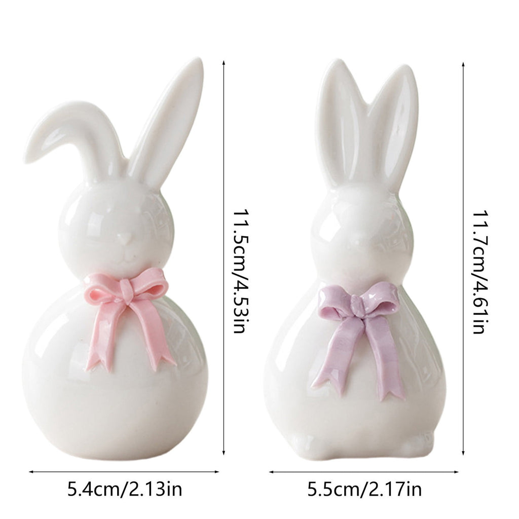 Ceramic Rabbit Figurines Set of 2, Easter Bunny Decor with Bow for Home Accent, Purple & Pink Spring Table Decorations