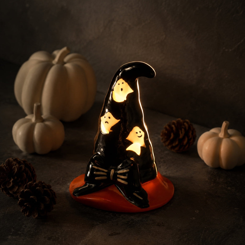 Halloween Ceramic Pumpkin Night Light 4.9 in Witch Hat Light Up Figurine, Hollow LED Tabletop Decor for Mantel Shelf Desk