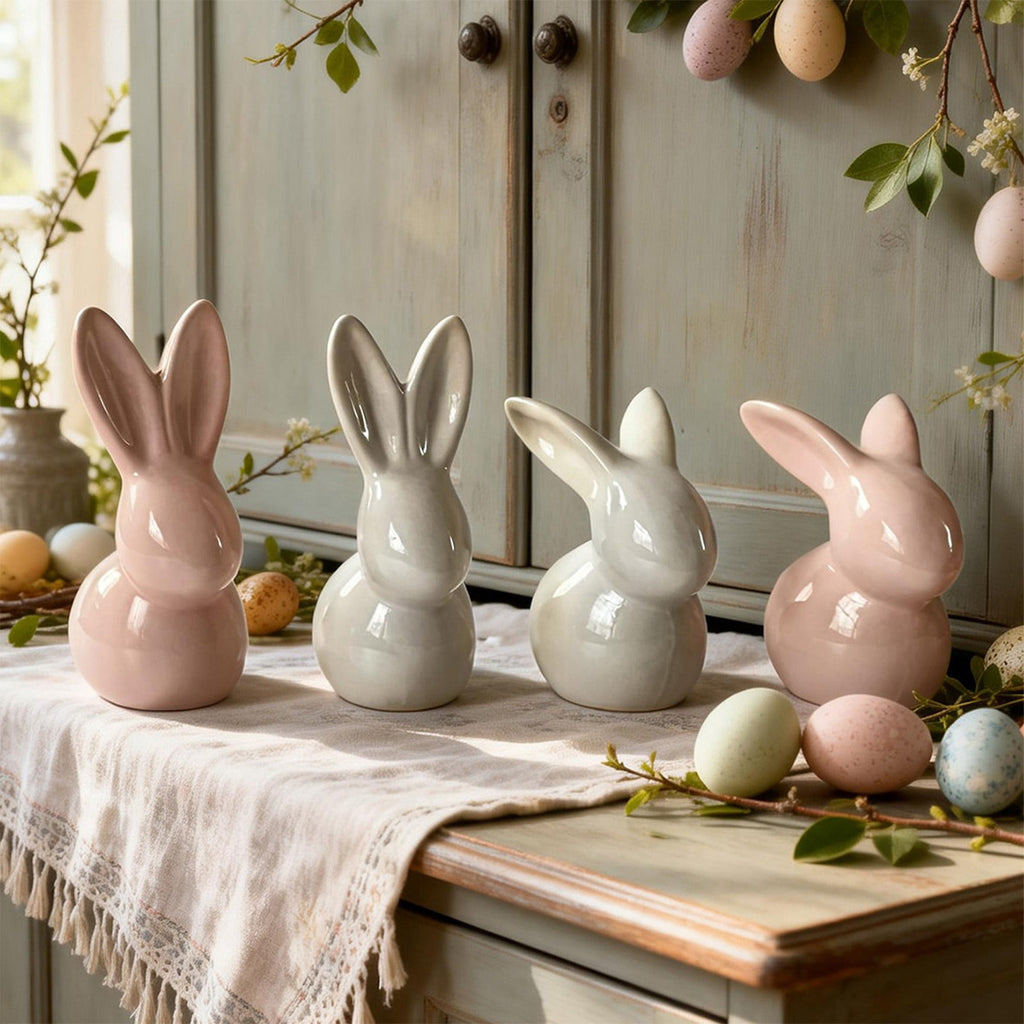 Easter Decorations Ceramic Bunny Figurine, White and Pink Rabbit Statue for Home Accents, Spring Table Centerpiece or Shelf Decor