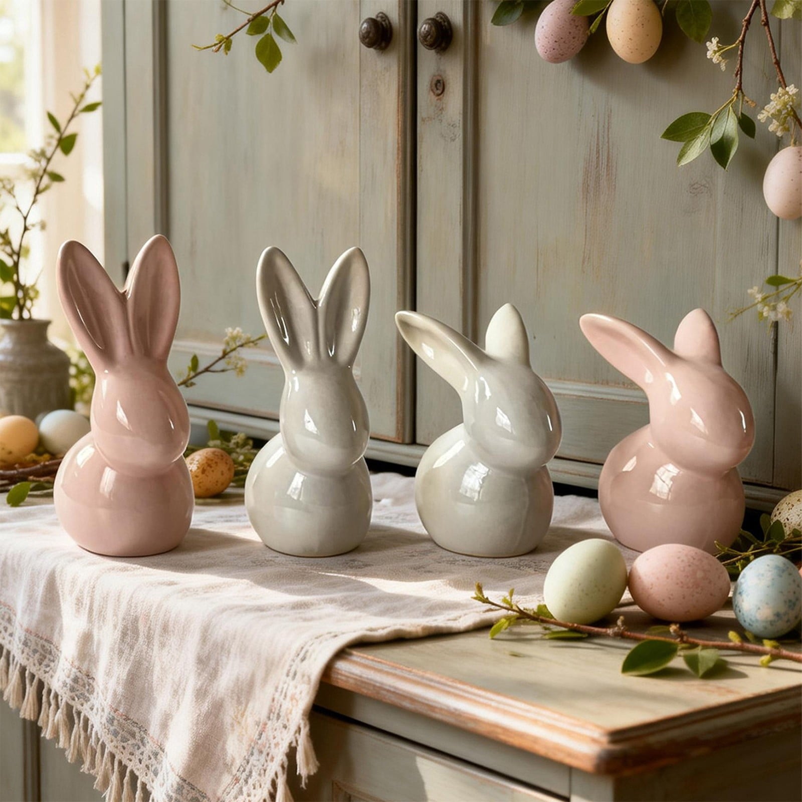 Easter Decorations Ceramic Bunny Figurine, White and Pink Rabbit Statue for Home Accents, Spring Table Centerpiece or Shelf Decor
