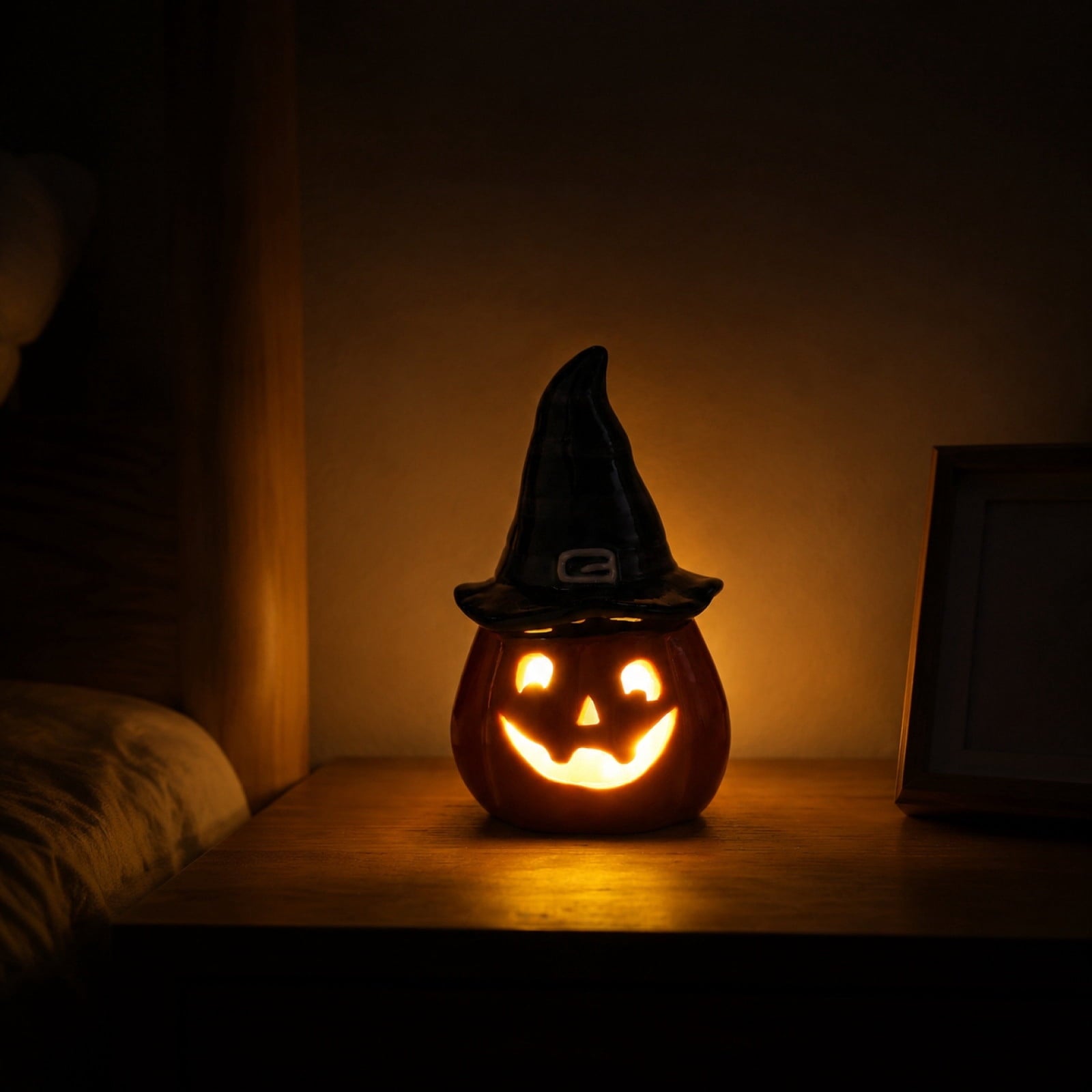 Halloween Ceramic Pumpkin Night Light 4.9 in Witch Hat Light Up Figurine, Hollow LED Tabletop Decor for Mantel Shelf Desk