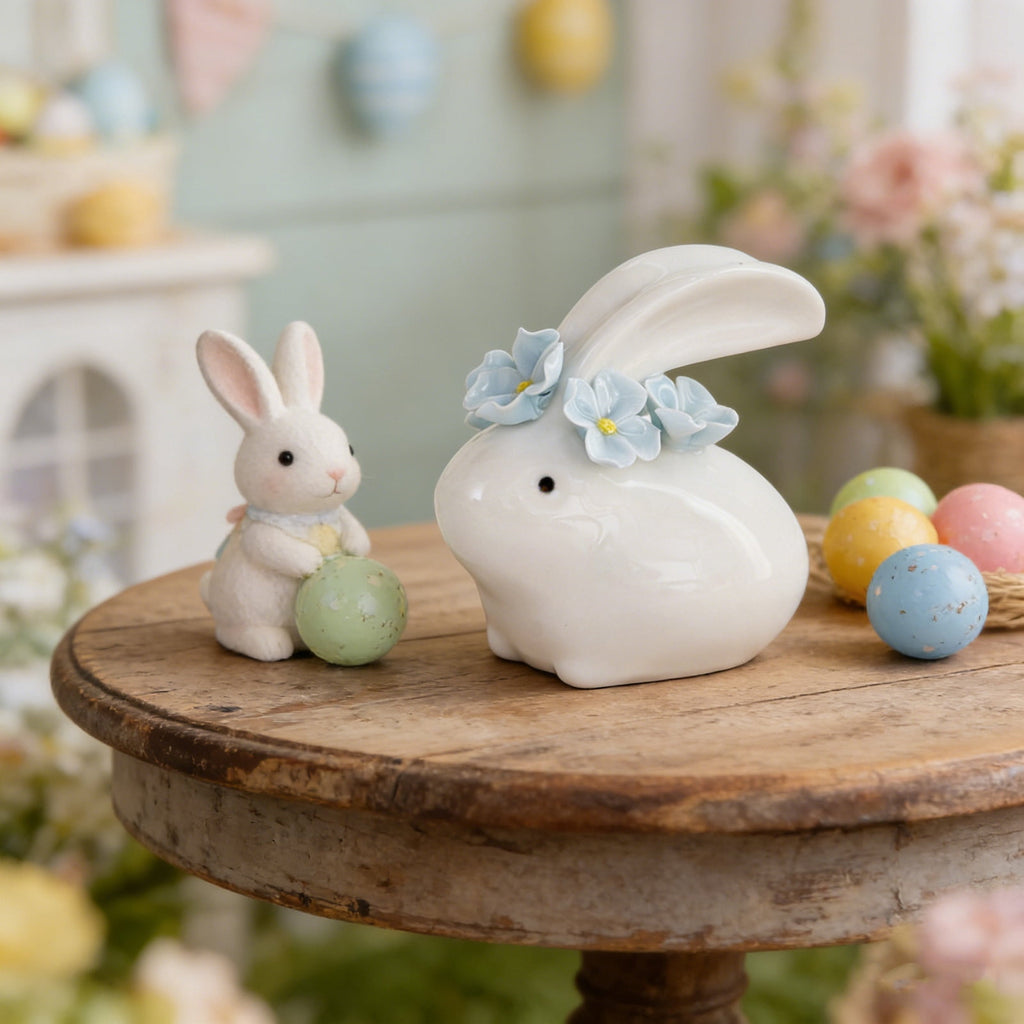 Easter Decorations Ceramic Bunny Figurine, White Rabbit Ornament for Spring Home Accent, Cute Shelf Decor for Living Room Tabletop Centerpiece