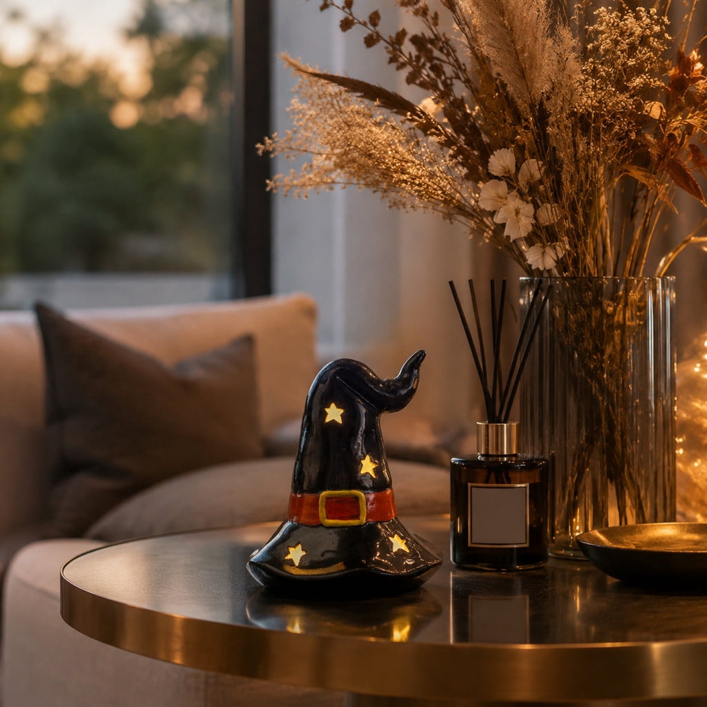 Halloween Ceramic Pumpkin Night Light 4.9 in Witch Hat Light Up Figurine, Hollow LED Tabletop Decor for Mantel Shelf Desk