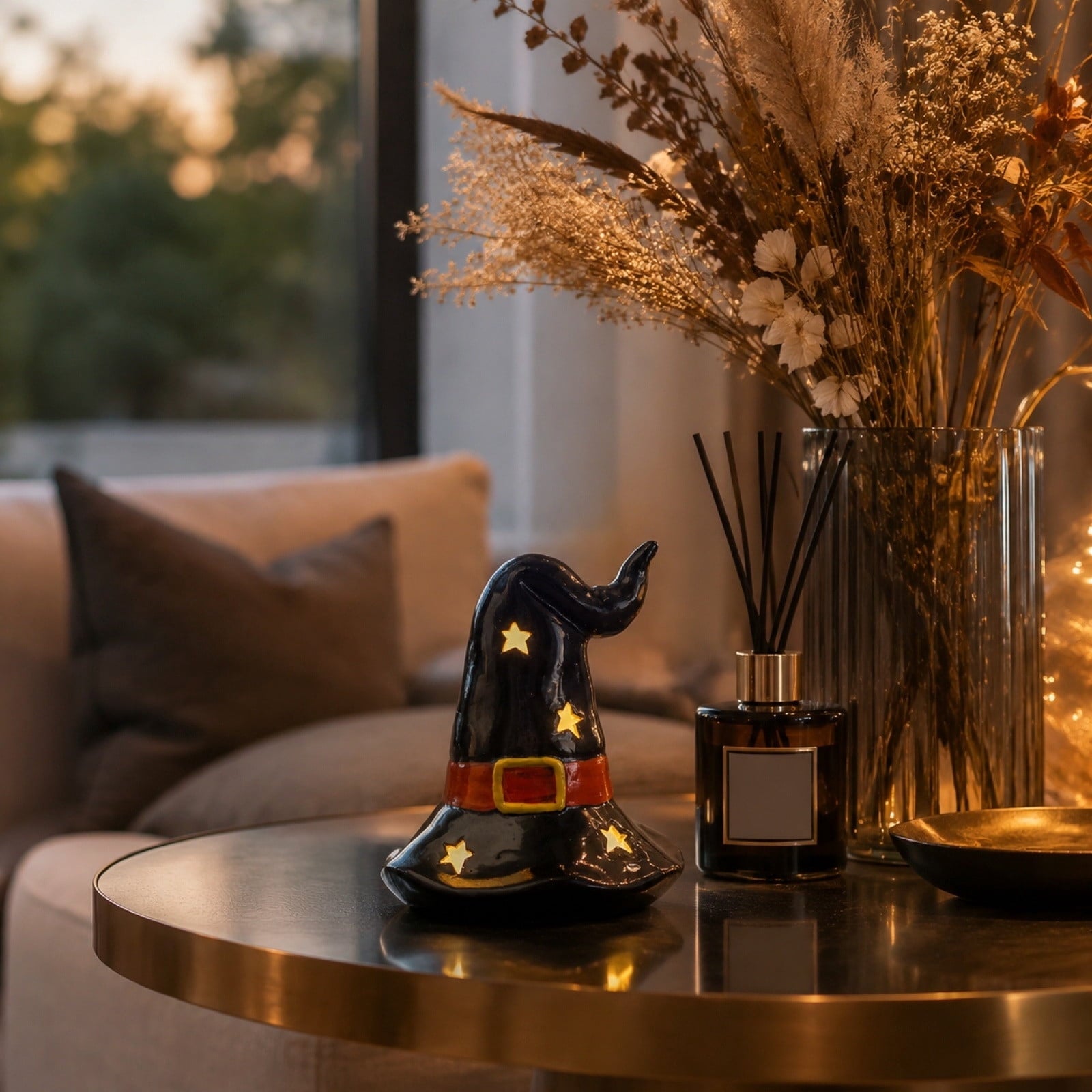 Halloween Ceramic Pumpkin Night Light 4.9 in Witch Hat Light Up Figurine, Hollow LED Tabletop Decor for Mantel Shelf Desk