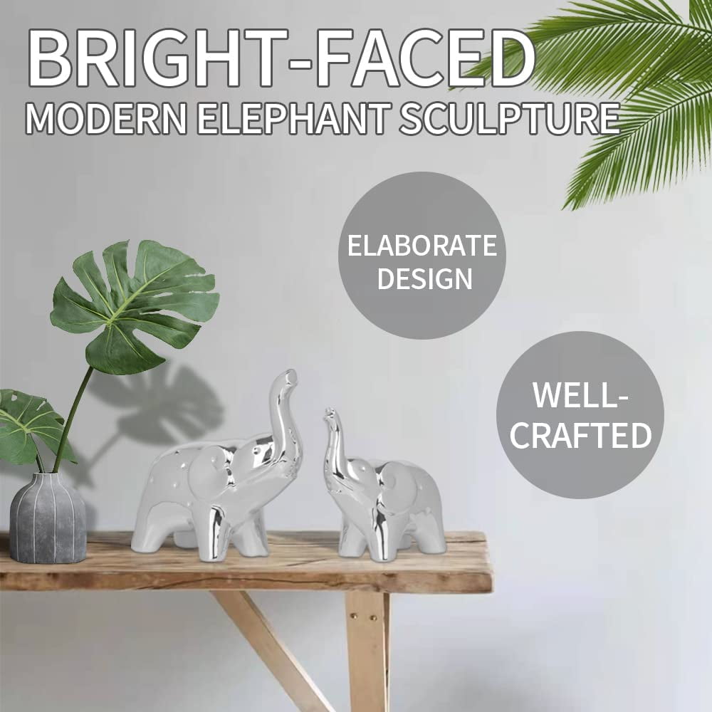 A Pair Elephant Statue Home Decor,Sculpture for Office Desktop Bookshelf (Ceramics Silver)