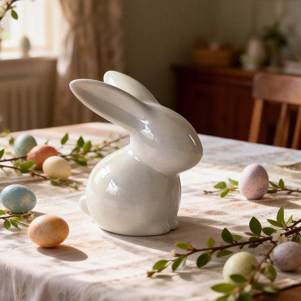Easter Decorations Ceramic Bunny Figurine, White and Pink Rabbit Statue for Home Accents, Spring Table Centerpiece or Shelf Decor