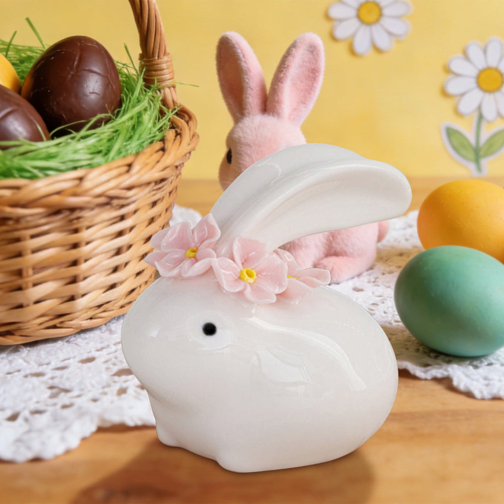 Easter Decorations Ceramic Bunny Figurine, White Rabbit Ornament for Spring Home Accent, Cute Shelf Decor for Living Room Tabletop Centerpiece
