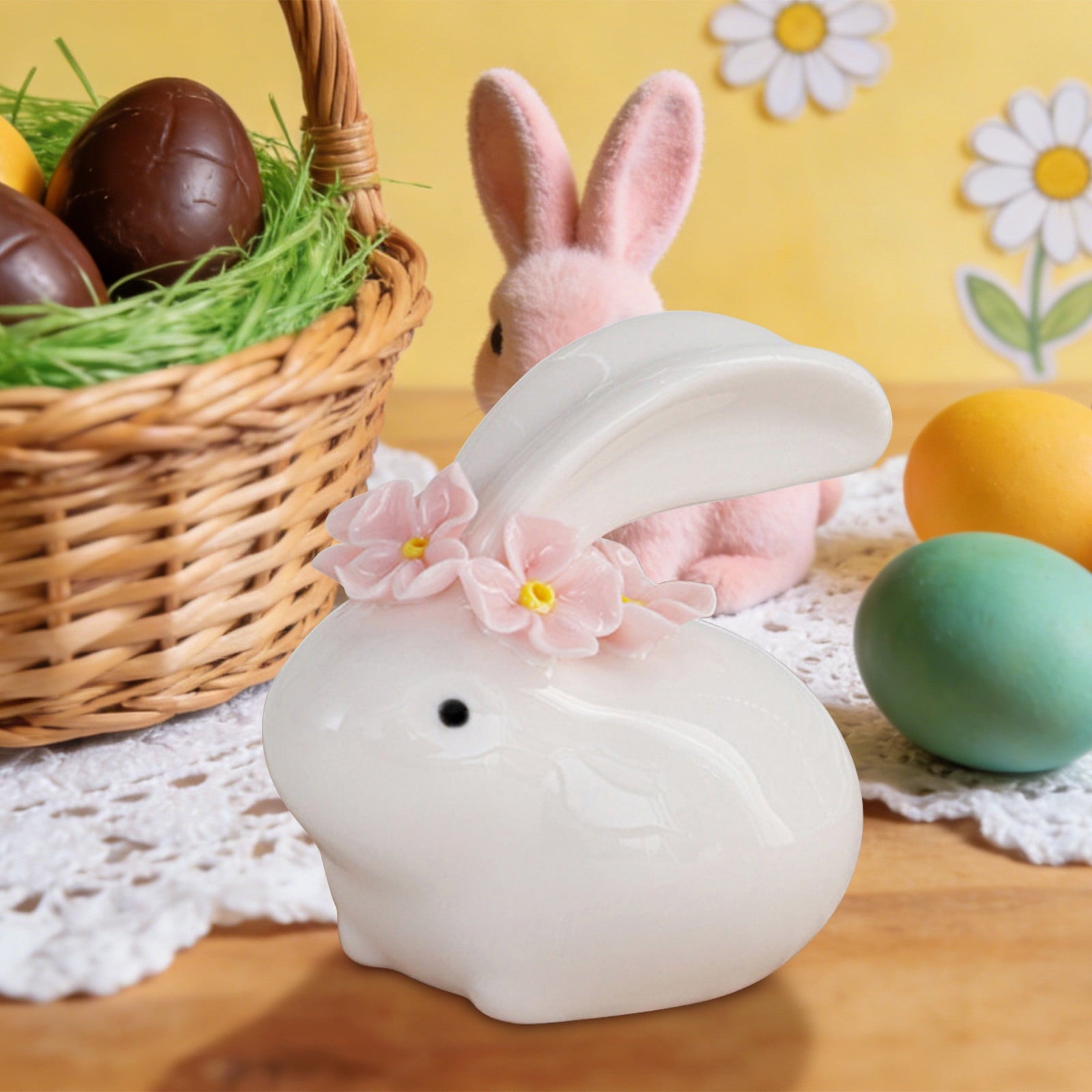 Easter Decorations Ceramic Bunny Figurine, White Rabbit Ornament for Spring Home Accent, Cute Shelf Decor for Living Room Tabletop Centerpiece
