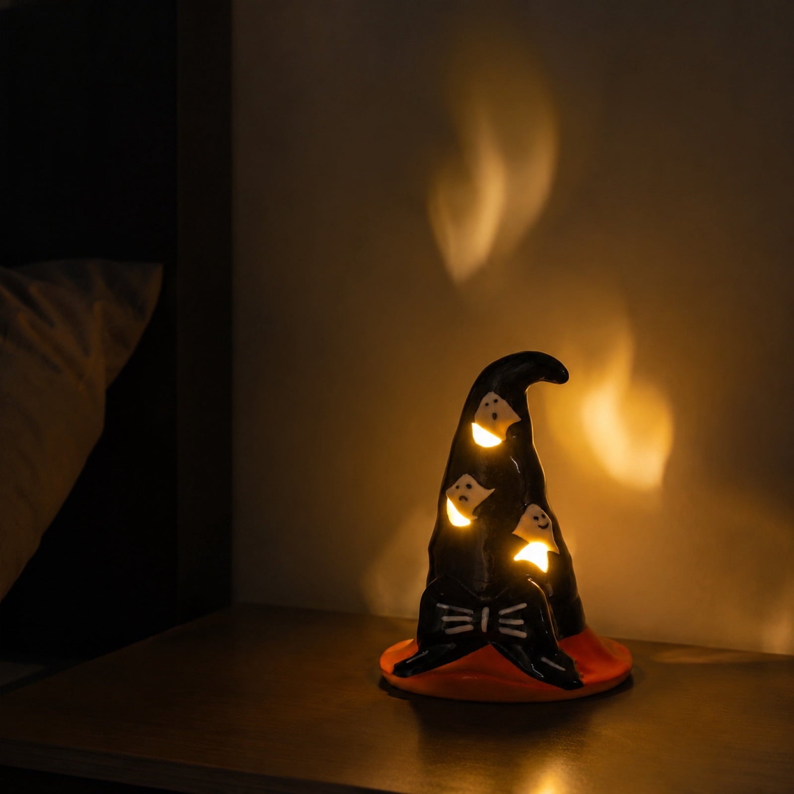 Halloween Ceramic Pumpkin Night Light 4.9 in Witch Hat Light Up Figurine, Hollow LED Tabletop Decor for Mantel Shelf Desk