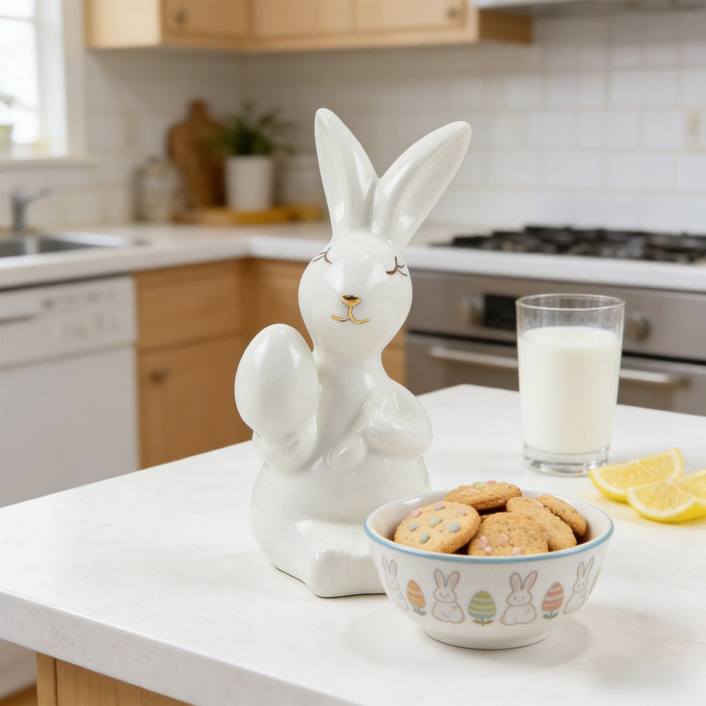 Ceramic Easter Bunny Figurine with Egg, White Spring Home Decor for Tabletop, Cute Rabbit Ornament for Holiday Shelf Decorations