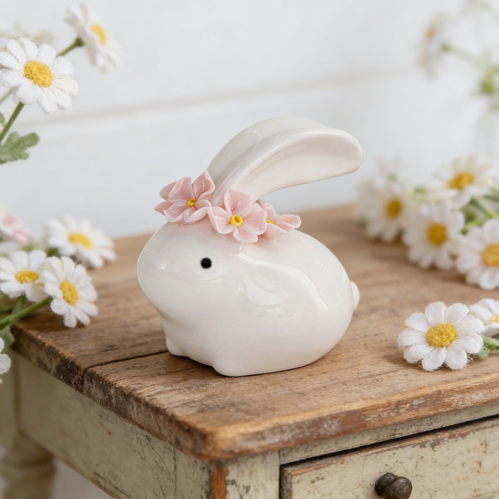 Easter Decorations Ceramic Bunny Figurine, White Rabbit Ornament for Spring Home Accent, Cute Shelf Decor for Living Room Tabletop Centerpiece