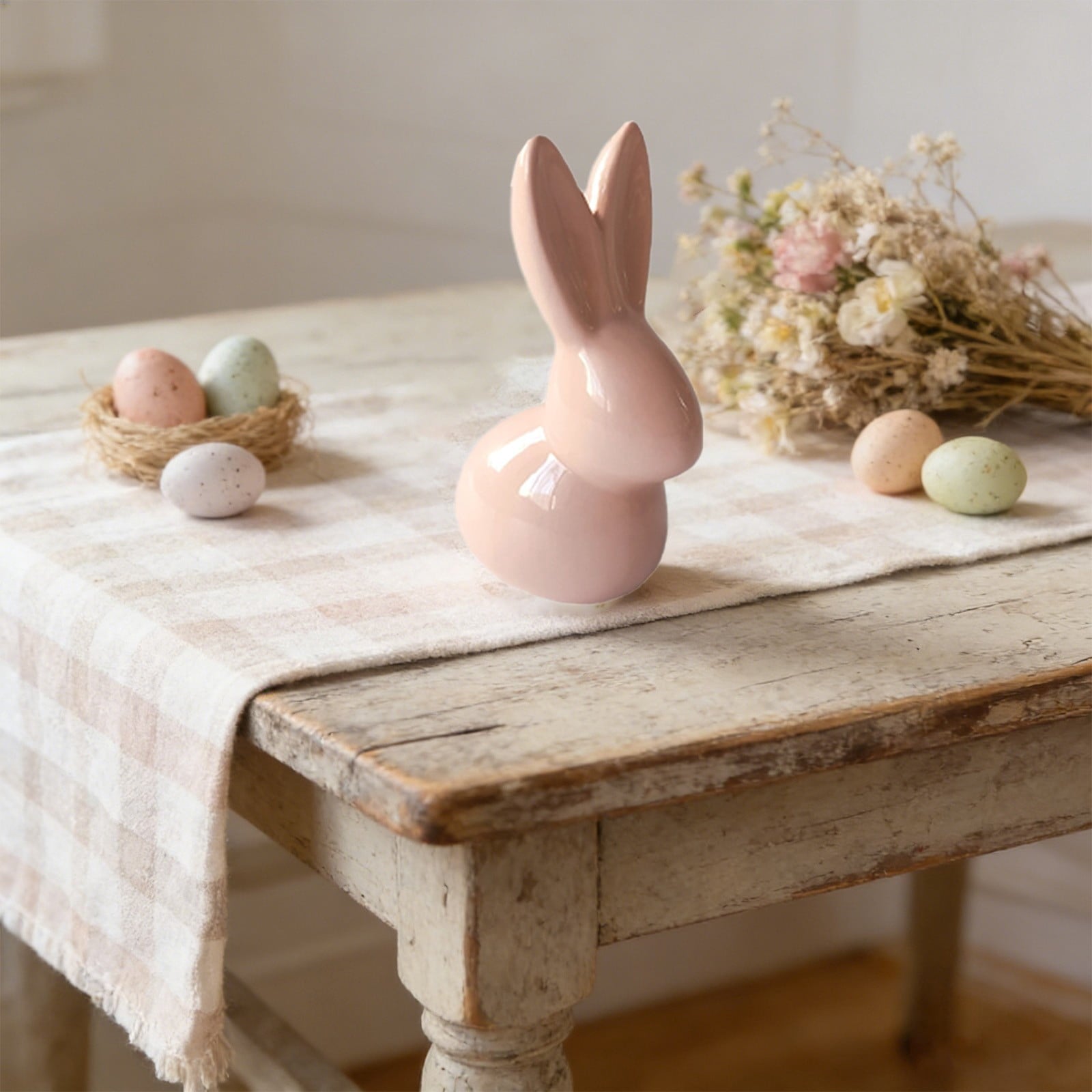 Easter Decorations Ceramic Bunny Figurine, White and Pink Rabbit Statue for Home Accents, Spring Table Centerpiece or Shelf Decor