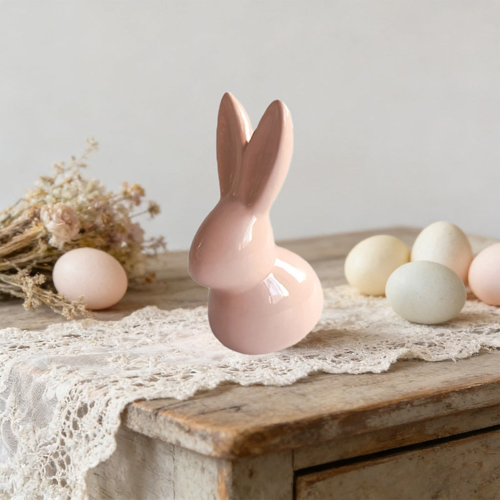 Easter Decorations Ceramic Bunny Figurine, White and Pink Rabbit Statue for Home Accents, Spring Table Centerpiece or Shelf Decor