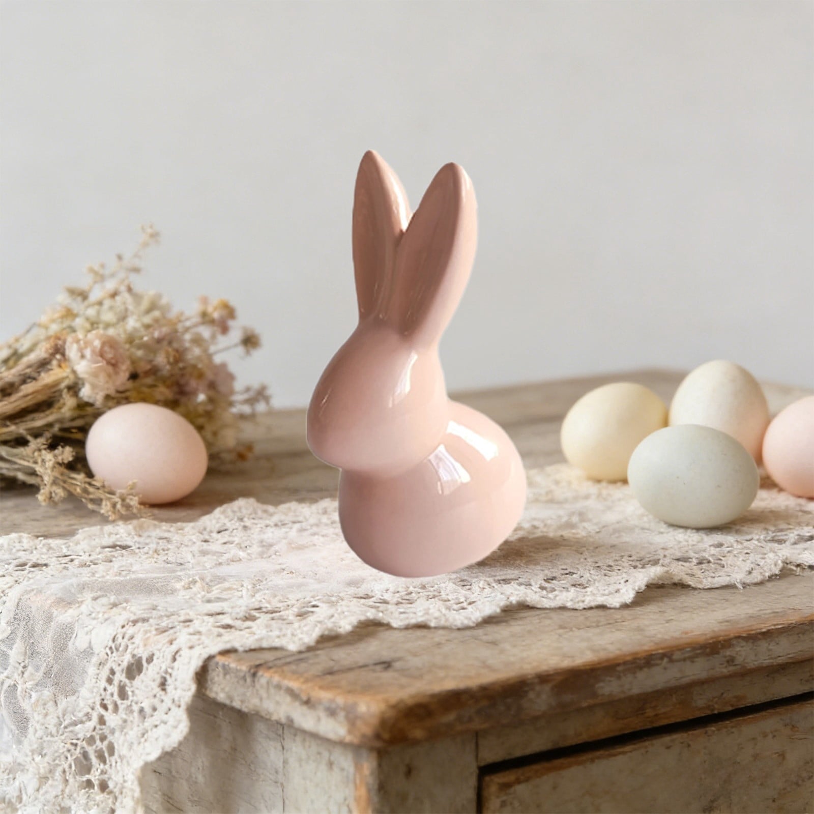 Easter Decorations Ceramic Bunny Figurine, White and Pink Rabbit Statue for Home Accents, Spring Table Centerpiece or Shelf Decor