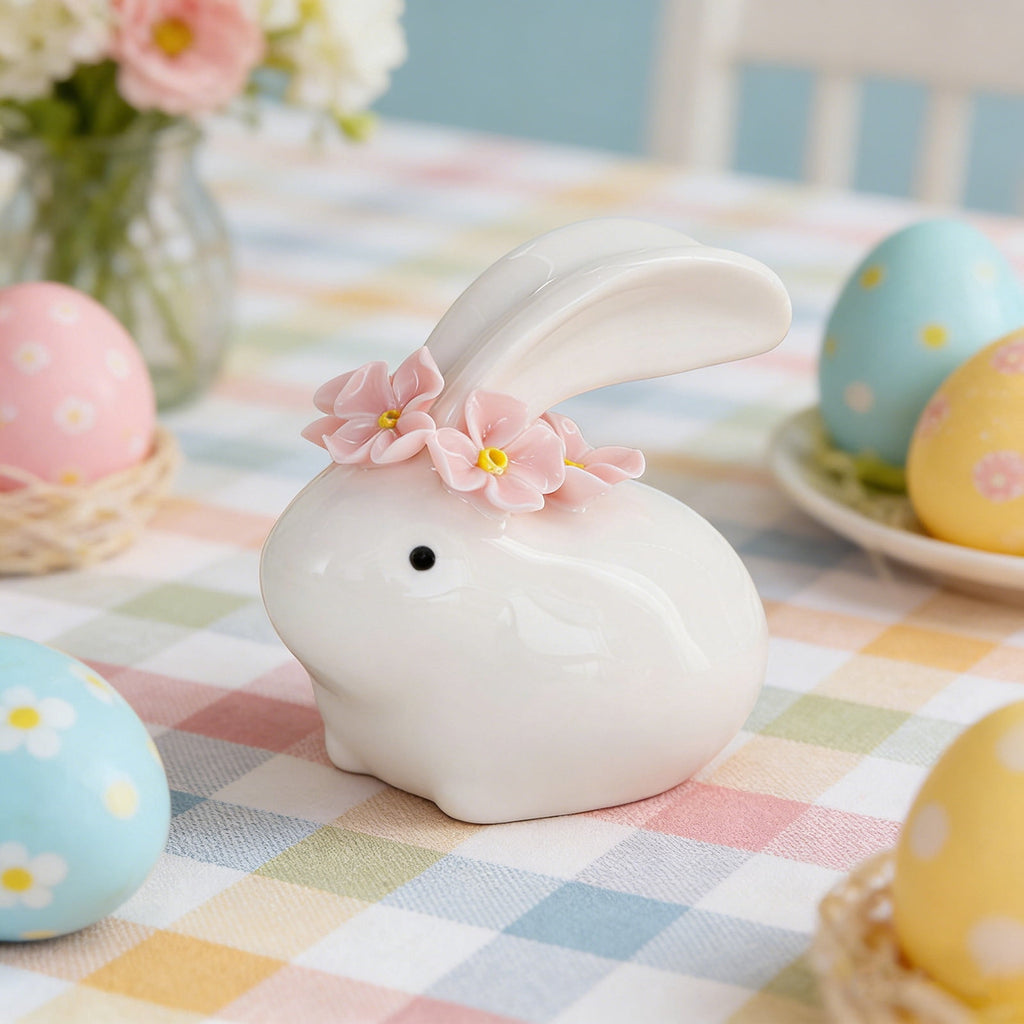 Easter Decorations Ceramic Bunny Figurine, White Rabbit Ornament for Spring Home Accent, Cute Shelf Decor for Living Room Tabletop Centerpiece
