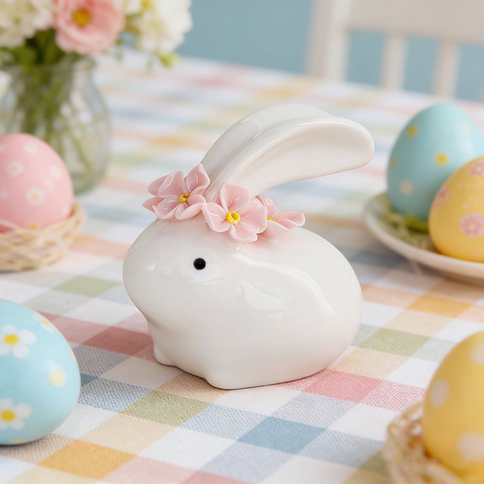 Easter Decorations Ceramic Bunny Figurine, White Rabbit Ornament for Spring Home Accent, Cute Shelf Decor for Living Room Tabletop Centerpiece